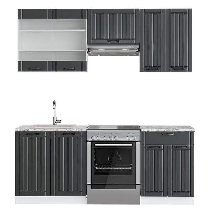 Küchenzeile Fame-Line 200 cm Anthrazit Landhaus Art.-Nr. 42677 -  - Dunkelgraue Küchenschrank-Set mit geriffelten Türen, Oberschränken mit Glasfront, Arbeitsplatte in Marmoroptik, Spüle, Herd und Dunstabzugshaube.
