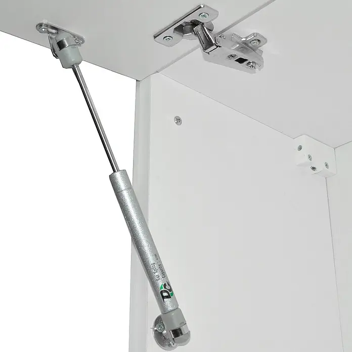 Vicco Küchenzeile Raul Weiß Hochglanz/Weiß, AP Marmor - Weiß Hochglanz, Ohne Elektrogeräte - Silberne Gasdruckfeder und Chromscharniere an weißen Schrankplatten zur Türunterstützung.