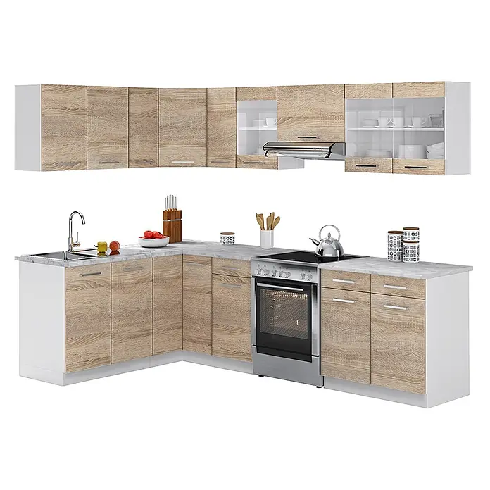 Vicco Eckküche Rick Sonoma/Weiß, AP Marmor - B x T: 270 x 60 cm, Sonoma, Ohne Elektrogeräte - L-förmige Küchenzeile mit hellen Holzeffekt-Türen, weißen Schränken und grauer Arbeitsplatte, inkl. Spüle, Herd und Dunstabzugshaube.