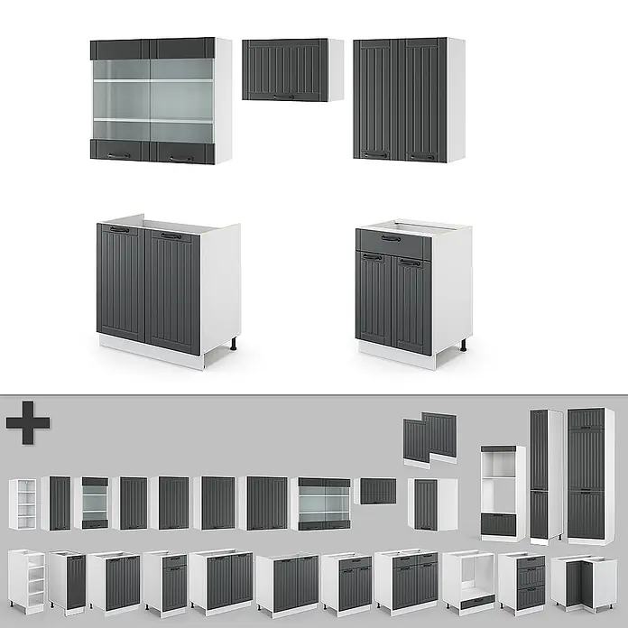 Vicco Küchenzeile Fame-Line Anthrazit Landhaus/Weiß, AP Eiche - Breite: 200 cm, Anthrazit Landhaus, Ohne Elektrogeräte - Modulares Küchenschrank-Set in Dunkelgrau mit gerillten Türen und weißen Rahmen, inklusive Ober-, Unter-, Hoch- und Glaseinheiten.