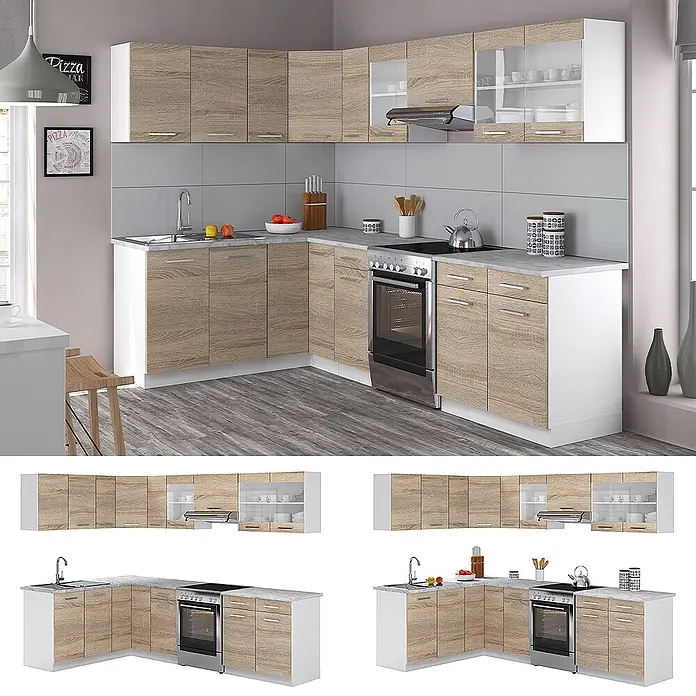 Vicco Eckküche Rick Sonoma/Weiß, AP Marmor - B x T: 270 x 60 cm, Sonoma, Ohne Elektrogeräte - Eckküchenzeile mit hellen Holzoptik-Schranktüren, weißen Rahmen und heller Arbeitsplatte, inklusive Spüle und Ofenplatz.