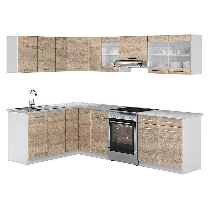 Vicco Eckküche Rick Sonoma/Weiß, AP Marmor - B x T: 270 x 60 cm, Sonoma, Ohne Elektrogeräte - L-förmige Küchenzeile mit hellen Holzfronten, weißen Rahmen, Marmorarbeitsplatte, Spüle, Ofen und Dunstabzugshaube. Oberschränke teils mit Glastüren.