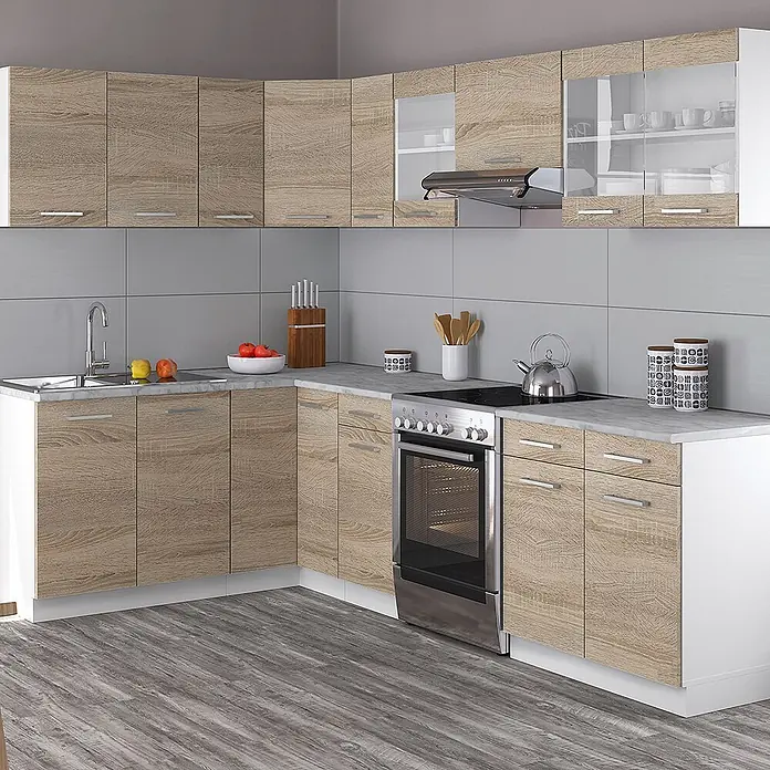 Vicco Eckküche Rick Sonoma/Weiß, AP Marmor - B x T: 270 x 60 cm, Sonoma, Ohne Elektrogeräte - Komplette Eckküchenzeile in heller Eichenoptik und Weiß mit Spüle, Herd und viel Stauraum.