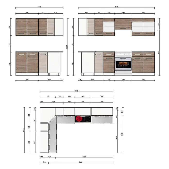 Vicco Eckküche Rick Sonoma/Weiß, AP Marmor - B x T: 270 x 60 cm, Sonoma, Ohne Elektrogeräte - Technische Zeichnung modularer Küchenschränke mit Holz- und weißen Fronten, zeigt Unter-, Ober- und Eckschränke mit Maßen.