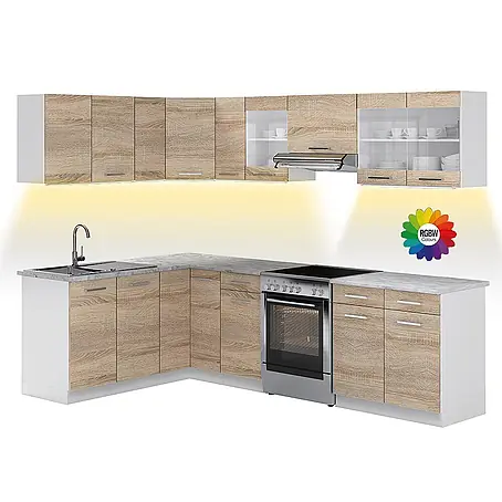 Vicco  Eckküche Rick Sonoma/Weiß, AP Marmor mit LED-Leisten