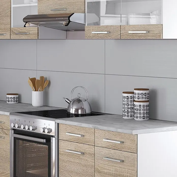 Vicco Eckküche Rick Sonoma/Weiß, AP Marmor - B x T: 270 x 60 cm, Sonoma, Ohne Elektrogeräte - Moderne Küche mit hellen Holzmaserungsschränken, Arbeitsplatte in Marmoroptik und Edelstahlgeräten.