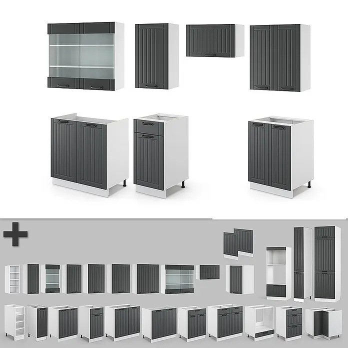 Vicco Küchenzeile Fame-Line Anthrazit Landhaus/Weiß, AP Marmor - Breite: 240 cm, Anthrazit Landhaus, Ohne Elektrogeräte - Modulare Küchenschränke mit dunkelgrauen geriffelten Türen und weißen Rahmen.