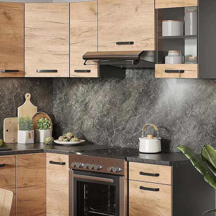 Vicco Eckküche Rick Goldkraft Eiche/Anthrazit, AP Schwarz mit LED-Leisten - Goldkraft Eiche, Ohne Elektrogeräte - Moderne Küche mit hellen Holzschränken, dunkelgrauen Arbeitsplatten und Spritzschutz, integriertem Backofen und Dunstabzugshaube.