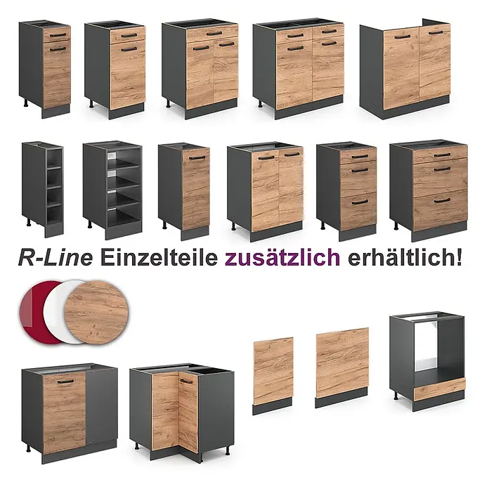 Vicco Eckküche Rick Goldkraft Eiche/Anthrazit, AP Schwarz mit LED-Leisten - Goldkraft Eiche, Ohne Elektrogeräte - Dunkelgraue R-Line Küchenschrankmodule mit hellen Holzmaserungsfronten; Schubladen, Tür- und offene Einheiten. Inkl. Eck-/Endpaneele, Farbmuster.