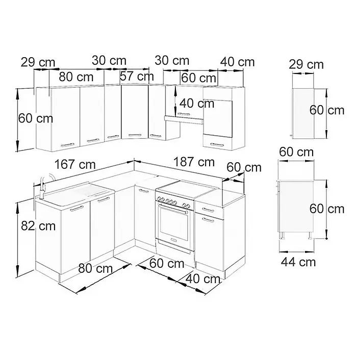 Vicco Eckküche Rick Weiß Hochglanz/Weiß, AP Marmor - Weiß Hochglanz, Ohne Elektrogeräte - Diagramm eines modularen Küchenschranks, das Ober- und Unterschränke, Spüle und Herd mit Maßen zeigt.