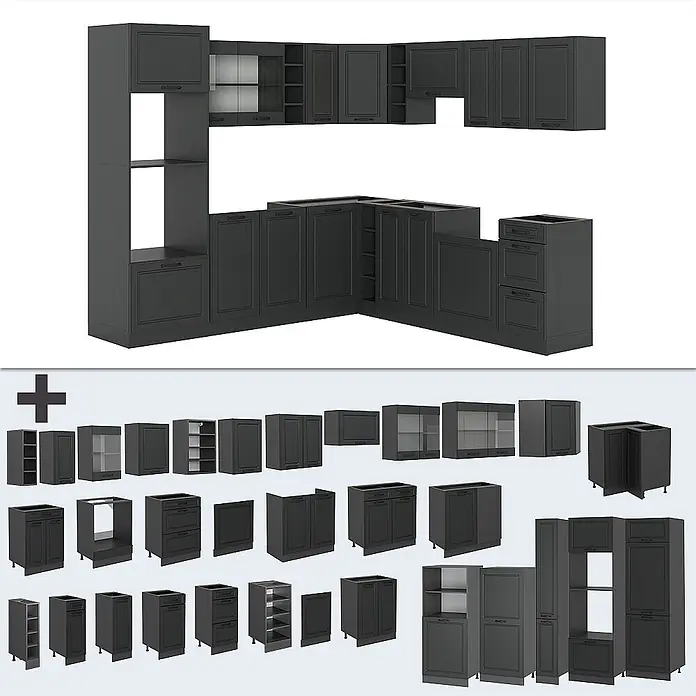 Vicco Eckküche R-Line Anthrazit Landhaus/Anthrazit, AP Anthrazit - B x T: 247 x 60 cm, Anthrazit Landhaus, Ohne Elektrogeräte - Schwarze modulare Kücheneinrichtung mit aufgebautem Layout und einzelnen Schränken.