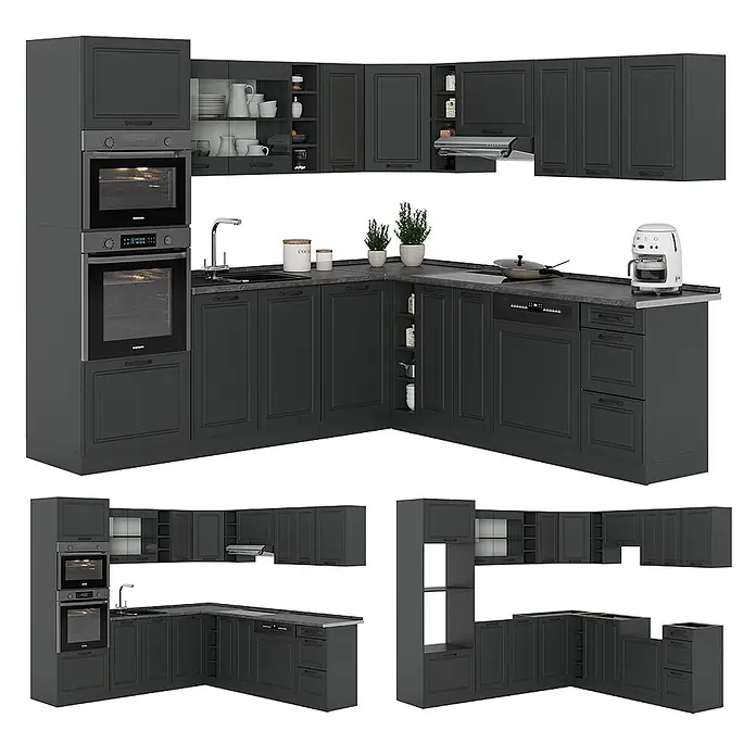 Vicco Eckküche R-Line Anthrazit Landhaus/Anthrazit, AP Anthrazit - B x T: 247 x 60 cm, Anthrazit Landhaus, Ohne Elektrogeräte - Dunkelgraue modulare Küchenschrankgarnitur mit integrierten Öfen, Spüle und Arbeitsplatte in L-Form.