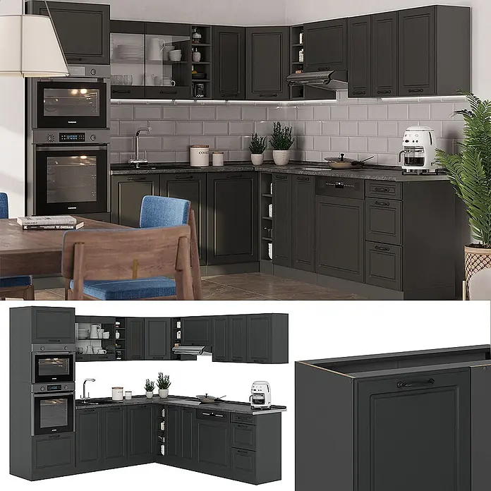 Vicco Eckküche R-Line Anthrazit Landhaus/Anthrazit, AP Anthrazit - B x T: 247 x 60 cm, Anthrazit Landhaus, Ohne Elektrogeräte - L-förmige, dunkelgraue moderne Küchenzeile mit integrierten Geräten und Arbeitsplatte.