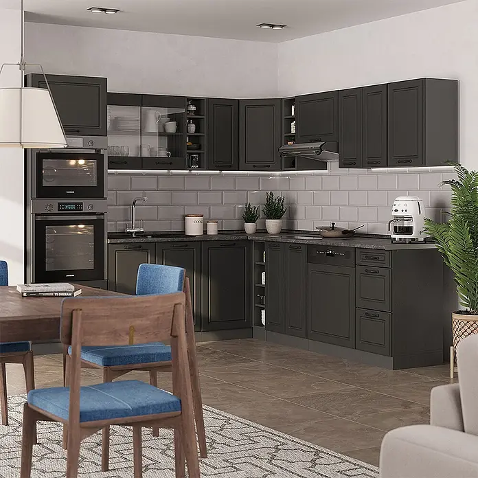 Vicco Eckküche R-Line Anthrazit Landhaus/Anthrazit, AP Anthrazit - B x T: 247 x 60 cm, Anthrazit Landhaus, Ohne Elektrogeräte - Moderne, dunkelgraue L-förmige Küche mit integrierten Geräten, viel Stauraum und Arbeitsfläche.