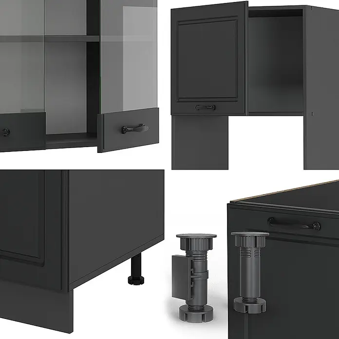 Vicco Eckküche R-Line Anthrazit Landhaus/Anthrazit, AP Anthrazit - B x T: 247 x 60 cm, Anthrazit Landhaus, Ohne Elektrogeräte - Dunkelgraue modulare Küchenschrankelemente: Oberschränke mit Glas- und Massivfronten, Schubladen mit Griffen und verstellbare Füße.