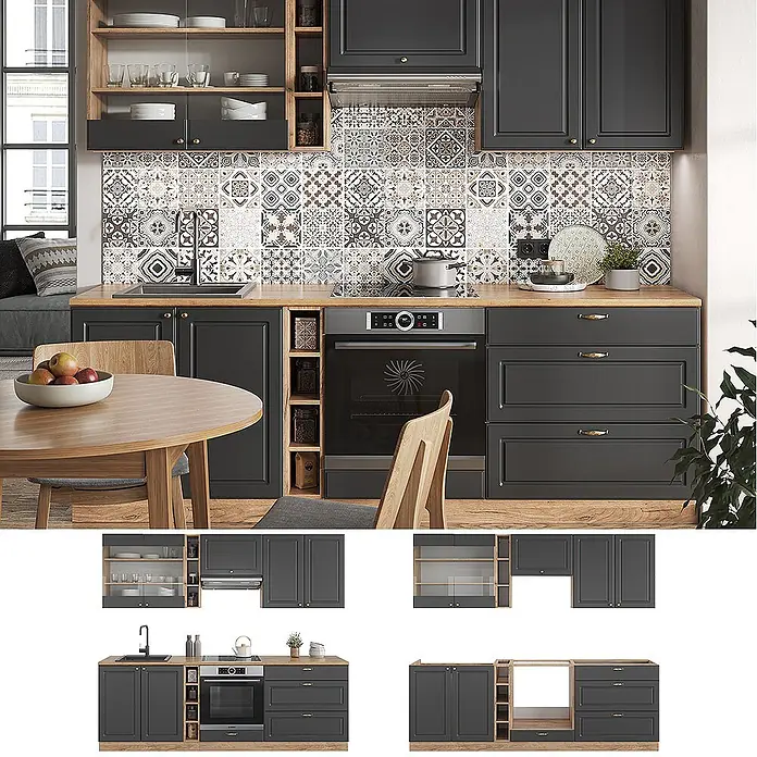 Vicco Küchenzeile Fame-Line Anthrazit Landhaus/Goldkraft Eiche, AP Anthrazit - Breite: 235 cm, Anthrazit Landhaus, Ohne Elektrogeräte - Moderne Küche mit dunkelgrauen Schränken, hellen Holzplatten und offenen Regalen, inklusive integriertem Ofen und Spüle.