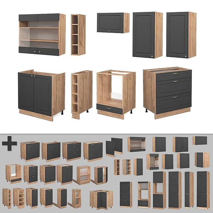Vicco Küchenzeile Fame-Line Anthrazit Landhaus/Goldkraft Eiche, AP Anthrazit - Breite: 235 cm, Anthrazit Landhaus, Ohne Elektrogeräte - Modulare Küchenschränke in Holzoptik und Dunkelgrau, mit Unter-, Ober- und Hochschränken, Türen, Schubladen und offenen Regalen.