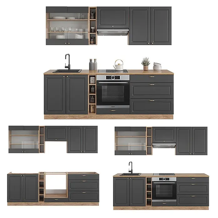 Vicco Küchenzeile Fame-Line Anthrazit Landhaus/Goldkraft Eiche, AP Anthrazit - Breite: 235 cm, Anthrazit Landhaus, Ohne Elektrogeräte - Dunkelgraue Modulküche mit Holzarbeitsplatten, Spüle, Backofen, Kochfeld und Oberschränken, teils mit Glastüren.