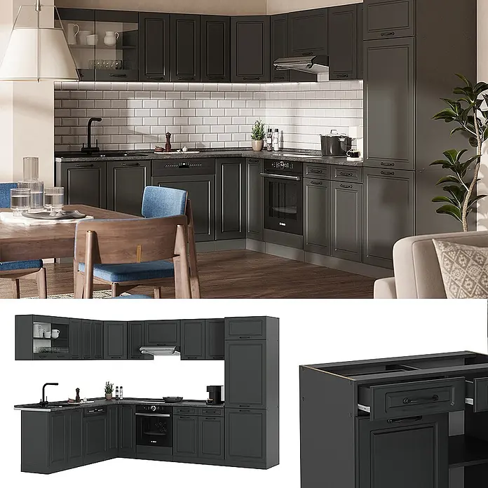 Vicco Eckküche R-Line Anthrazit Landhaus/Anthrazit, AP Anthrazit - B x T: 287 x 60 cm, Anthrazit Landhaus, Ohne Elektrogeräte - L-förmige dunkelgraue Küche mit Kassettenfronten, modernen Geräten und schwarzer Arbeitsplatte im Wohndesign.
