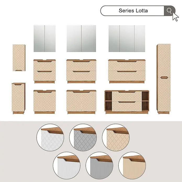 Vicco Badmöbel-Set Lotta Weiß 4 Teile - Weiß, Matt - Badmöbel-Set Serie Lotta: hellbeige Rautenmuster-Unterschränke, Seiten- und Spiegelschränke mit Holzoptik-Details.