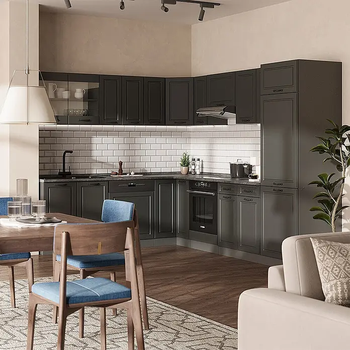 Vicco Eckküche R-Line Anthrazit Landhaus/Anthrazit, AP Anthrazit - B x T: 287 x 60 cm, Anthrazit Landhaus, Ohne Elektrogeräte - L-förmige dunkelgraue Küchenschrankzeile mit integrierten Geräten und weißem Metrofliesen-Spritzschutz in einem modernen Wohnraum.