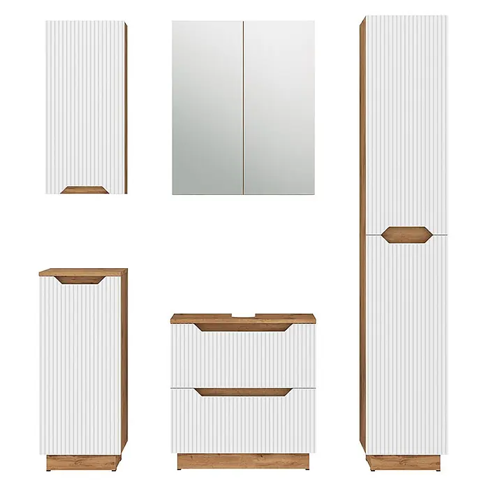 Vicco Badmöbel-Set Lotta Weiß 5 Teile - Weiß, Matt - Weiß gerippte Badmöbelgarnitur mit Holzoptik-Akzenten, bestehend aus Wandschränken, Spiegelschrank, Hochschrank und Waschtischunterschrank.
