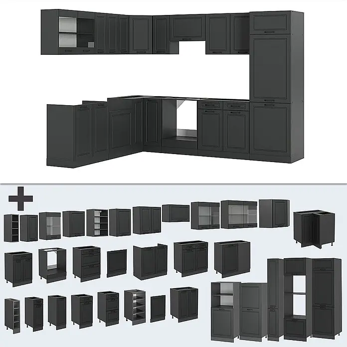 Vicco Eckküche R-Line Anthrazit Landhaus/Anthrazit, AP Anthrazit - B x T: 287 x 60 cm, Anthrazit Landhaus, Ohne Elektrogeräte - Dunkelgraue modulare Küchenschränke. Verschiedene Unter-, Ober- und Hochschränke für eine komplette Küchengestaltung.