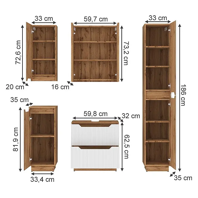 Vicco Badmöbel-Set Lotta Weiß 5 Teile - Weiß, Matt - Modulare Holzoptik-Schränke mit Regalen und Schubladen, verschiedene Größen, mit Abmessungen dargestellt.