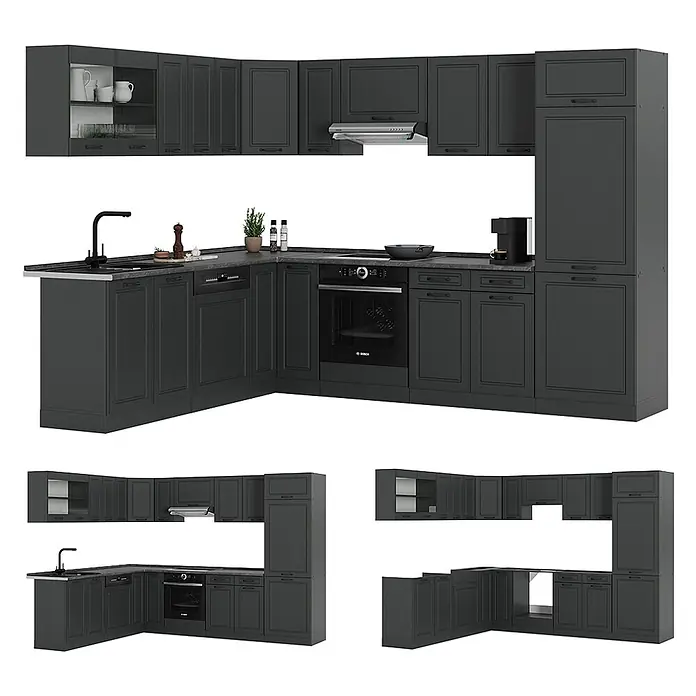 Vicco Eckküche R-Line Anthrazit Landhaus/Anthrazit, AP Anthrazit - B x T: 287 x 60 cm, Anthrazit Landhaus, Ohne Elektrogeräte - Dunkelgraue L-förmige Modulküche mit integrierten Geräten und hohem Vorratsschrank.