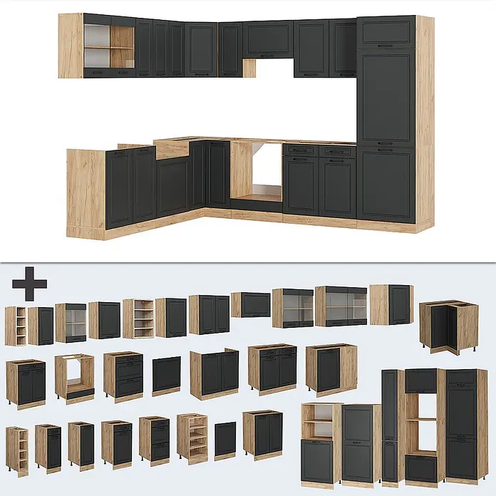 Vicco Eckküche R-Line Anthrazit Landhaus/Goldkraft Eiche ohne Arbeitsplatte - Anthrazit Landhaus, Ohne Elektrogeräte - Modulares Küchenschrank-Set mit schwarzen Fronten und hellen Holzrahmen, als L-förmige Küche und Einzelteile dargestellt.