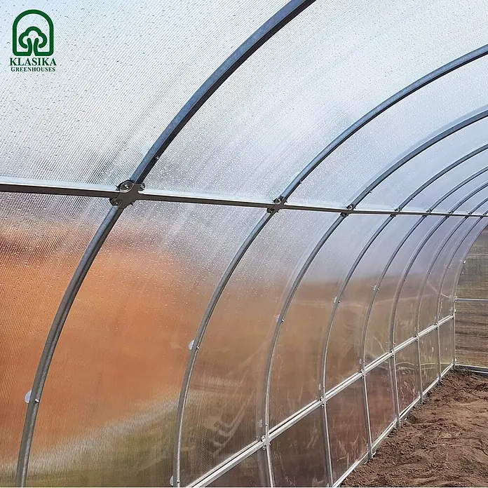 Klasika Greenhouses Gewächshaus Tube Klasika - Außenmaß inkl. Dachüberstand (B x T): 300 x 400 cm, Material Seitenwand: Kunststoff, 4 mm, Silbergrau - Innenansicht eines Gewächshauses mit durchsichtigen, geriffelten Paneelen und gewölbtem Metallrahmen über Erdboden.