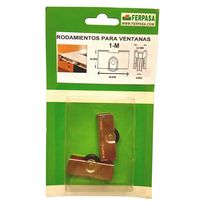 Cojinete de bolas metal 1-M - Diámetro: 14 mm, Ancho: 11 mm - Rodamientos para ventanas en un embalaje verde con indicaciones de tamaño. Ideal para la reparación y mantenimiento de ventanas.