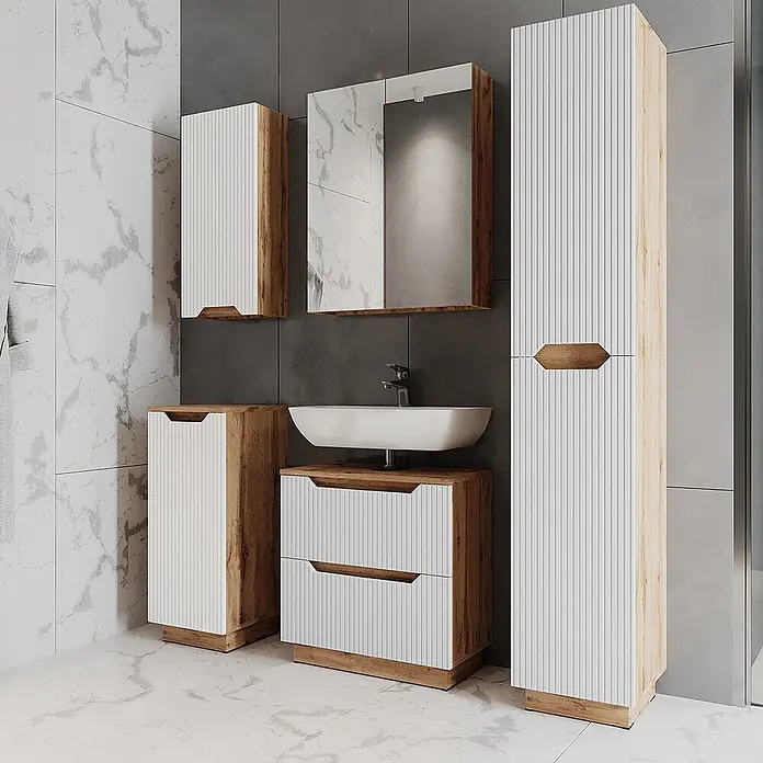 Vicco Badmöbel-Set Lotta Weiß 5 Teile - Weiß, Matt - Weißes gerilltes Badmöbel-Set mit hellen Holzdetails und Waschbecken, in einem modernen Badezimmer.