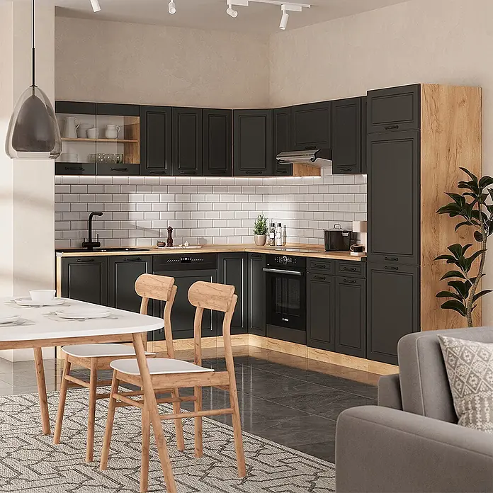 Vicco Eckküche R-Line Anthrazit Landhaus/Goldkraft Eiche, AP Anthrazit - B x T: 287 x 60 cm, Anthrazit Landhaus, Ohne Elektrogeräte - Moderne anthrazitfarbene Eckküche mit Holztheken und Akzenten, komplett mit Geräten ausgestattet.