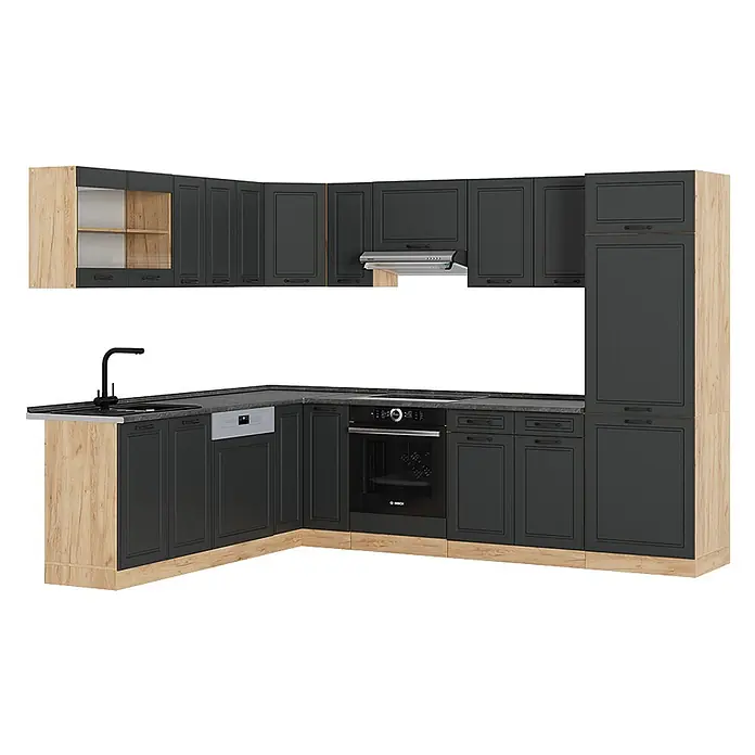 Vicco Eckküche R-Line Anthrazit Landhaus/Goldkraft Eiche, AP Anthrazit - B x T: 287 x 60 cm, Anthrazit Landhaus, Ohne Elektrogeräte - Moderne Eckküche mit dunkelgrauen Schränken, hellen Holzakzenten, dunkler Arbeitsplatte, Spüle, Backofen und Geschirrspüler.