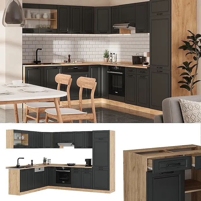 Vicco Eckküche R-Line Anthrazit Landhaus/Goldkraft Eiche ohne Arbeitsplatte - Anthrazit Landhaus, Ohne Elektrogeräte - L-förmige Küche in Anthrazit mit heller Holzoptik, integrierten Geräten und hohem Vorratsschrank, in einem modernen Essbereich.