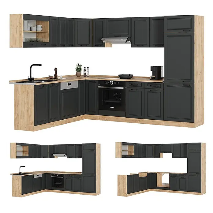 Vicco Eckküche R-Line Anthrazit Landhaus/Goldkraft Eiche, AP Anthrazit - B x T: 287 x 60 cm, Anthrazit Landhaus, Ohne Elektrogeräte - Eckküchenset mit dunkelgrauen Schränken und heller Holzoptik-Arbeitsplatte, inkl. Spüle, Ofen und Oberschränken.