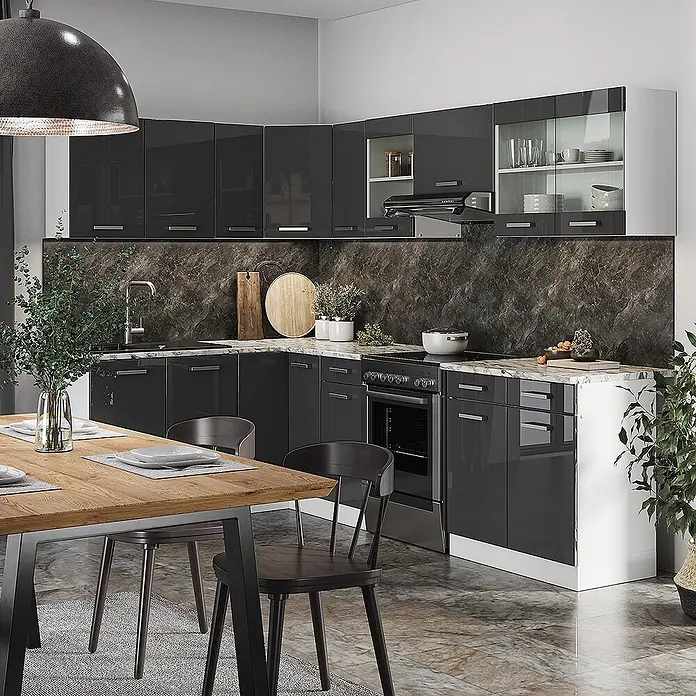Vicco Eckküche Rick Anthrazit Hochglanz/Weiß, AP Marmor mit LED-Leisten - B x T: 267 x 60 cm, Anthrazit Hochglanz, Ohne Elektrogeräte - Moderne L-Küche mit glänzenden grauen Schränken, marmorierter Arbeitsplatte und Rückwand, integrierten Geräten.