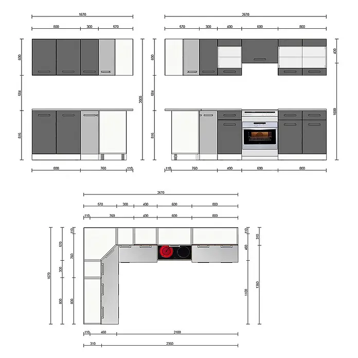 Vicco Eckküche Rick Anthrazit Hochglanz/Weiß, AP Marmor mit LED-Leisten - B x T: 267 x 60 cm, Anthrazit Hochglanz, Ohne Elektrogeräte - Küchenschrank-Layouts in Dunkelgrau und Hellgrau/Weiß, mit geraden und L-förmigen Konfigurationen und Maßen.