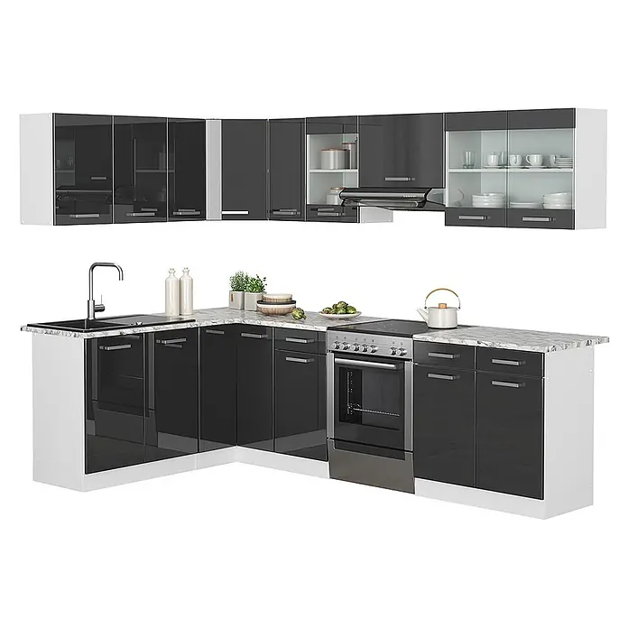 Vicco Eckküche Rick Anthrazit Hochglanz/Weiß, AP Marmor mit LED-Leisten - B x T: 267 x 60 cm, Anthrazit Hochglanz, Ohne Elektrogeräte - Moderne L-Küche mit glänzend dunkelgrauen Ober- & Unterschränken, weißen Seiten, Marmor-Arbeitsplatte, integrierter Spüle, Kochfeld & Backofen.