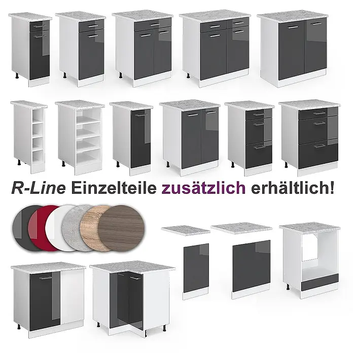 Vicco Eckküche Rick Anthrazit Hochglanz/Weiß, AP Marmor - B x T: 267 x 60 cm, Anthrazit Hochglanz, Ohne Elektrogeräte - R-Line modulare Küchenschränke: weiße Korpusse, anthrazitfarbene Fronten, Marmor-Arbeitsplatten und verschiedene Farb-/Holzpaneele.