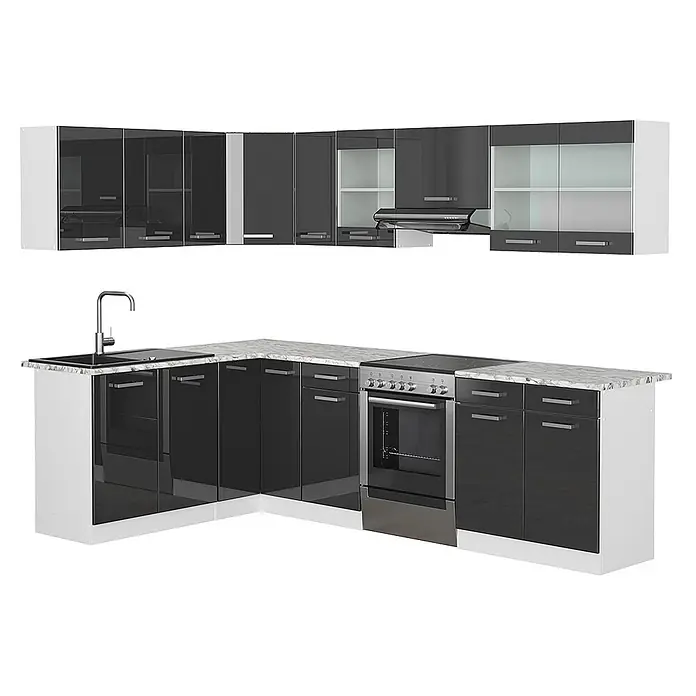 Vicco Eckküche Rick Anthrazit Hochglanz/Weiß, AP Marmor mit LED-Leisten - B x T: 267 x 60 cm, Anthrazit Hochglanz, Ohne Elektrogeräte - Moderne L-förmige Küche mit dunkelgrau glänzenden Schränken, weißen Rahmen, heller Marmoroptik-Arbeitsplatte, Spüle, Wasserhahn, Backofen und Kochfeld.