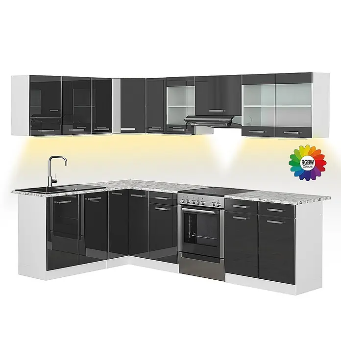 Vicco Eckküche Rick Anthrazit Hochglanz/Weiß, AP Marmor mit LED-Leisten - B x T: 267 x 60 cm, Anthrazit Hochglanz, Ohne Elektrogeräte - L-förmige Küchenzeile mit hochglanzschwarzen Schränken, Marmor-Arbeitsplatte, Edelstahlgeräten und RGBW-Unterschrankbeleuchtung.