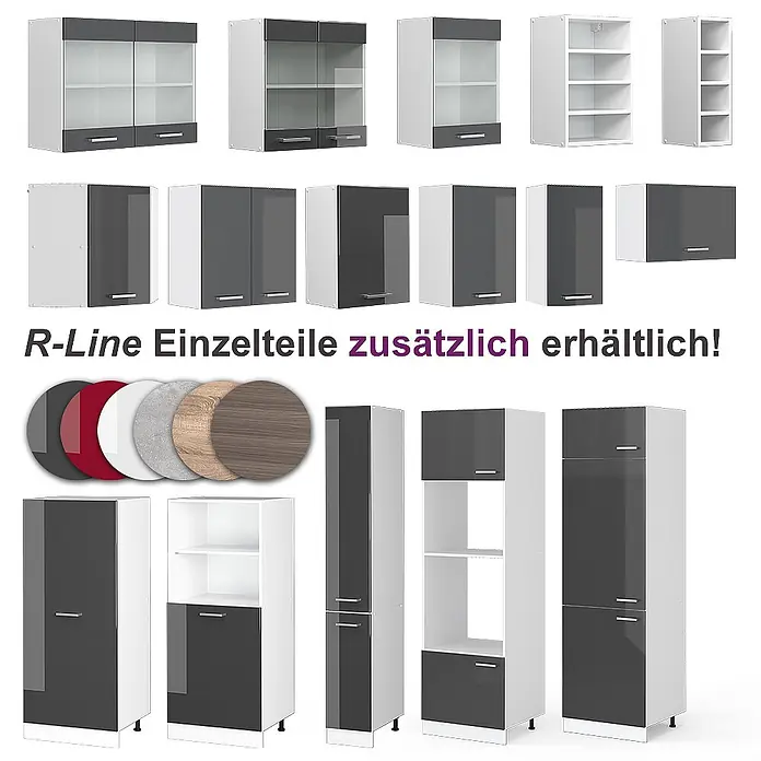 Vicco Eckküche Rick Anthrazit Hochglanz/Weiß, AP Marmor mit LED-Leisten - B x T: 267 x 60 cm, Anthrazit Hochglanz, Ohne Elektrogeräte - Modulare R-Line Küchenschränke in Weiß und Dunkelgrau, mit verschiedenen Größen, Glasfronten und Oberflächenoptionen.