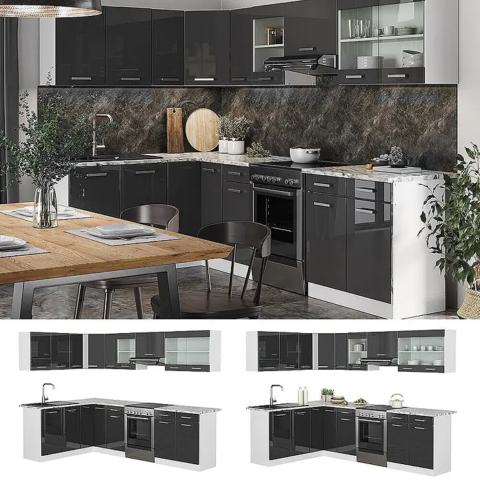 Vicco Eckküche Rick Anthrazit Hochglanz/Weiß, AP Marmor mit LED-Leisten - B x T: 267 x 60 cm, Anthrazit Hochglanz, Ohne Elektrogeräte - Glänzende schwarze Eckküche mit hellen Arbeitsplatten in Marmoroptik und Chromgriffen, Unterschränken und Oberschränken.