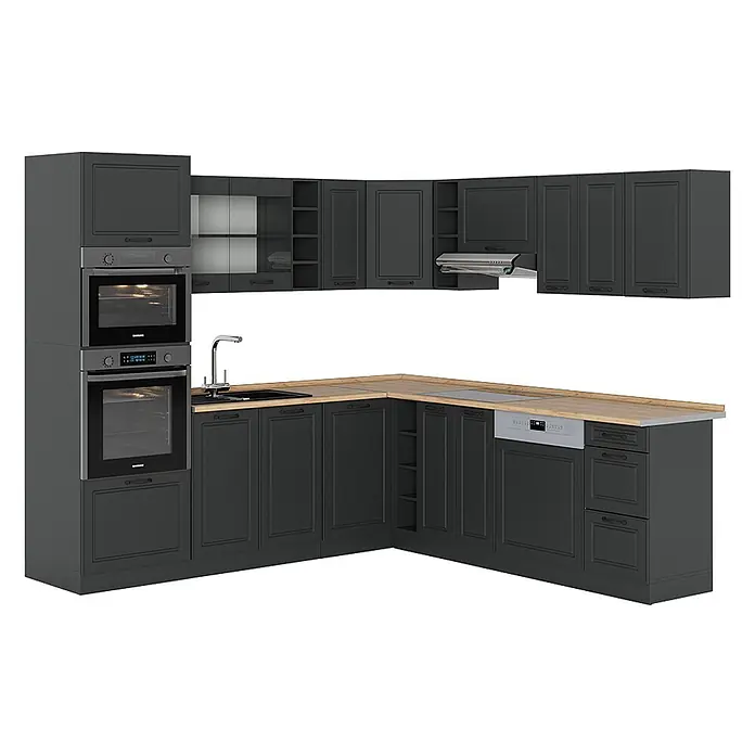 Vicco Eckküche R-Line Anthrazit Landhaus/Anthrazit, AP Eiche - B x T: 247 x 60 cm, Anthrazit Landhaus, Ohne Elektrogeräte - L-förmige dunkelgraue Küchenschrankzeile mit Holzplatte, integrierten Öfen, Spüle, Kochfeld und Geschirrspüler.