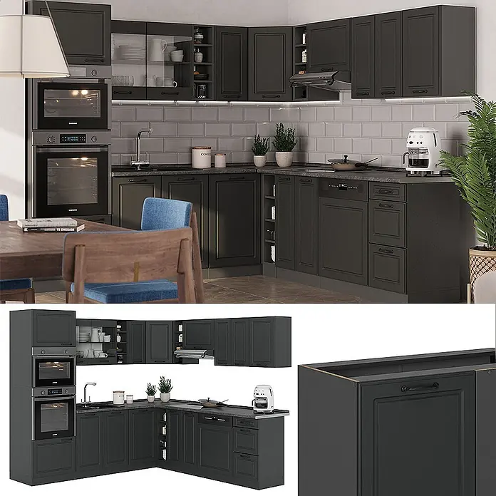 Vicco Eckküche R-Line Anthrazit Landhaus/Anthrazit, AP Eiche - B x T: 247 x 60 cm, Anthrazit Landhaus, Ohne Elektrogeräte - Dunkelgraue L-förmige Küche mit integrierten Geräten und dunkler Arbeitsplatte in modernem Interieur mit Essbereich.