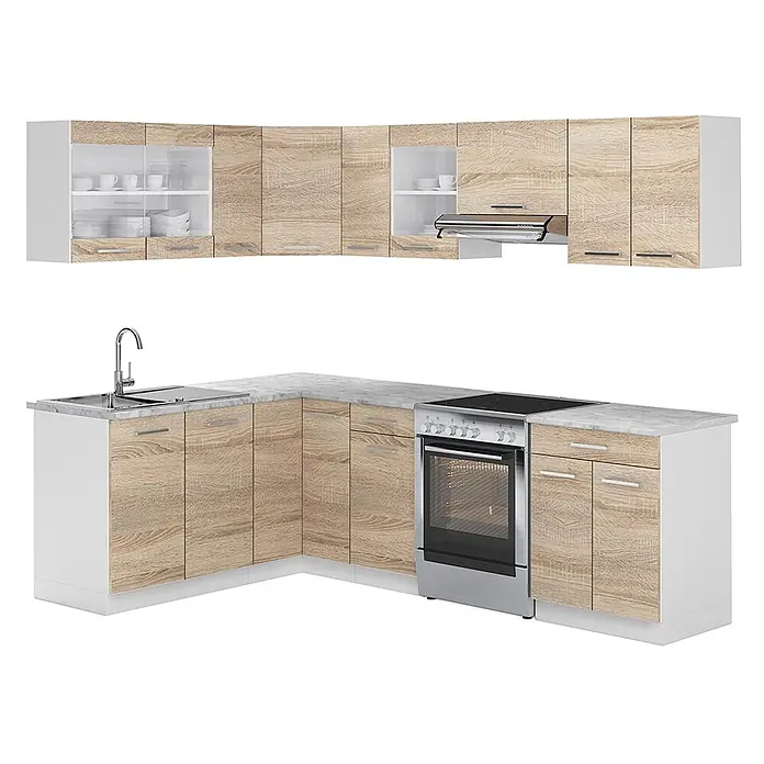 Vicco Eckküche Rick Weiß/Sonoma, AP Marmor - B x T: 250 x 60 cm, Sonoma, Ohne Elektrogeräte - L-förmige Einbauküche in heller Holzoptik mit weißen Elementen, Marmor-Arbeitsplatte, Spüle, Herd, Backofen und Dunstabzugshaube.