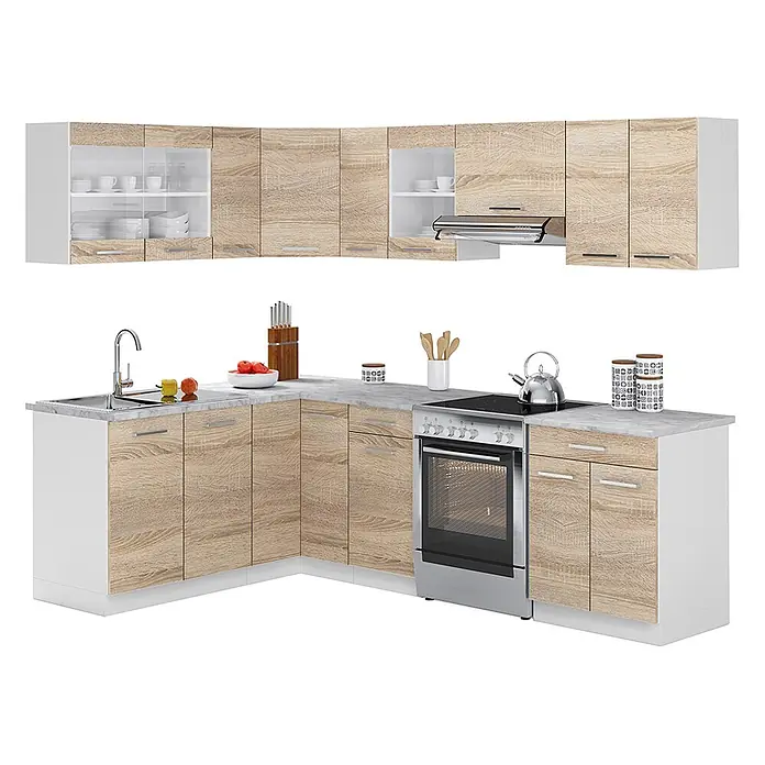 Vicco Eckküche Rick Weiß/Sonoma, AP Marmor - B x T: 250 x 60 cm, Sonoma, Ohne Elektrogeräte - L-förmige Küchenzeile mit hellen Holzmaserungsfronten und weißen Rahmen, inklusive Ober- und Unterschränken, Spüle, Herd und Dunstabzugshaube.