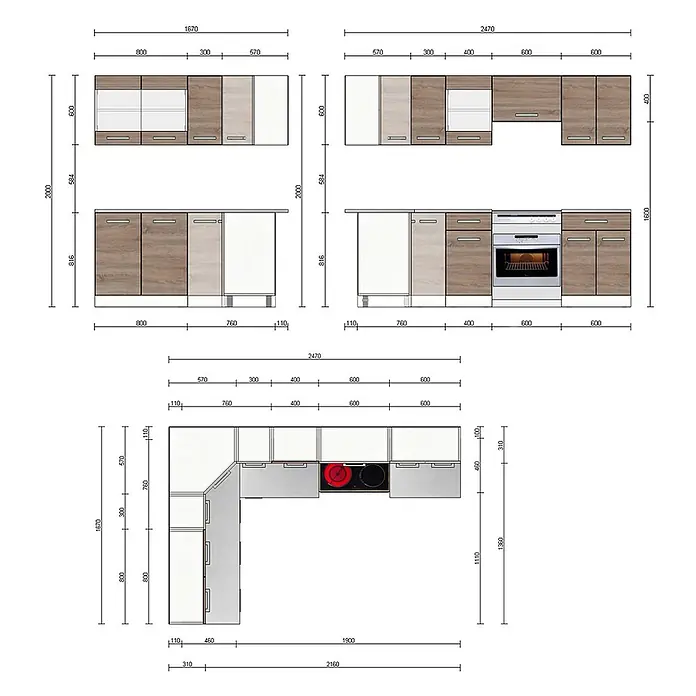 Vicco Eckküche Rick Weiß/Sonoma, AP Marmor - B x T: 250 x 60 cm, Sonoma, Ohne Elektrogeräte - Modulare Küchenschrank-Layouts in Braun-Weiß, mit Maßen, zeigen Front- und Eckkonfigurationen.
